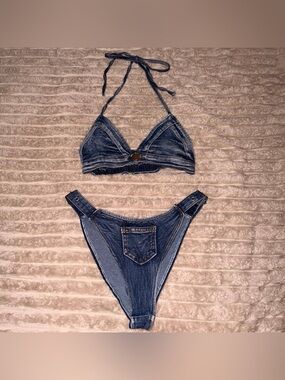 Denim-Look Blue Triangle Bikini Bra & Bottom Set